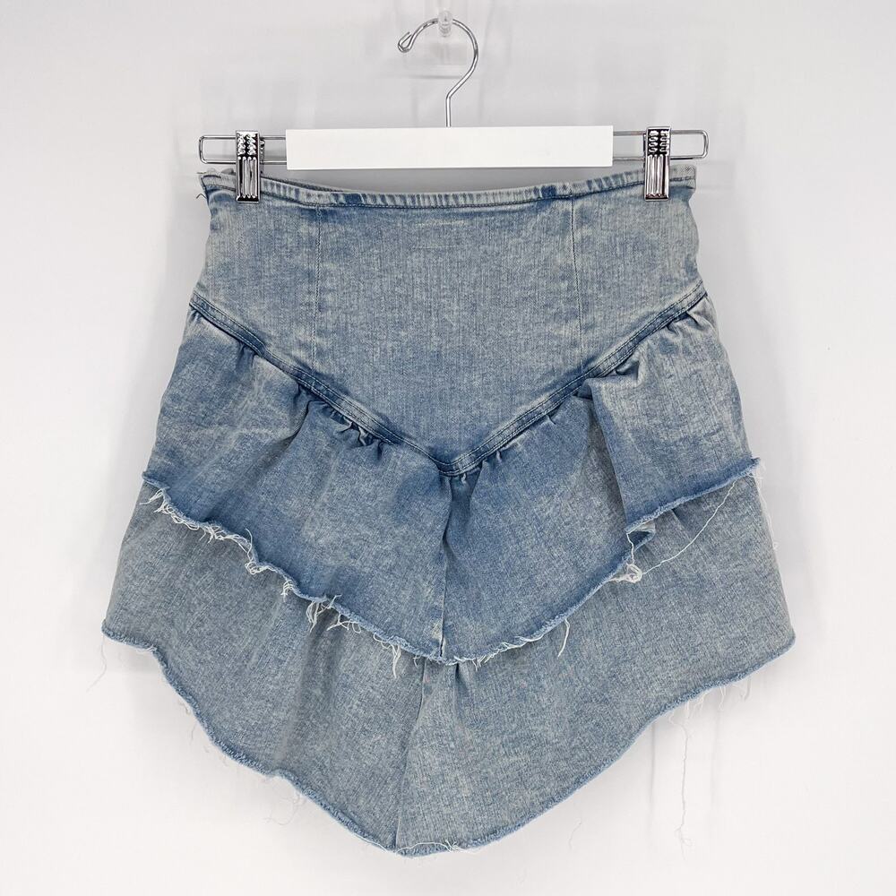 MOTHER The Ruffle Raw Edge Mini Skirt Action Shot Women’s Size 27 Denim - Picture 7 of 7